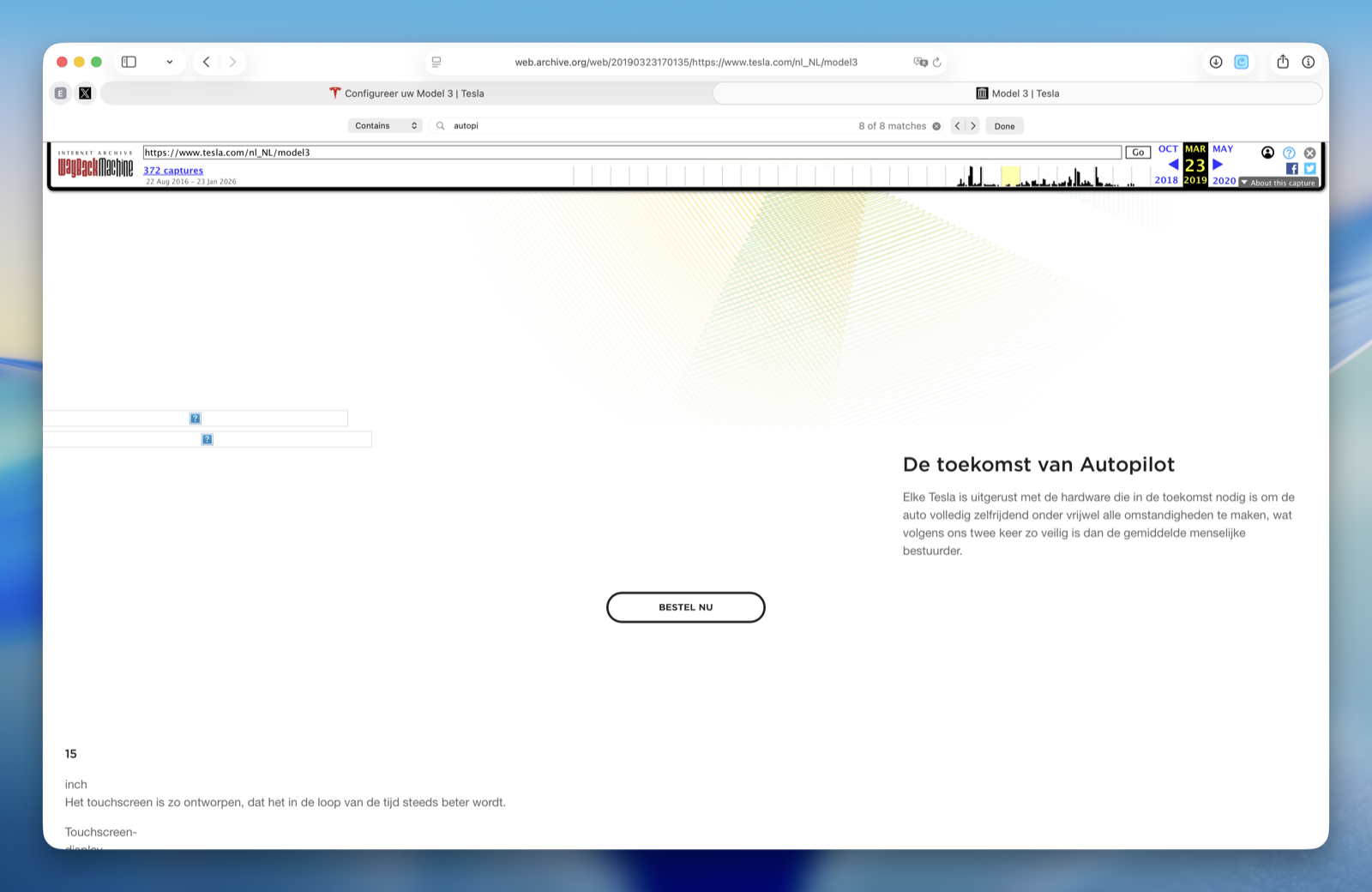 Tesla Dutch Model 3 product page from 2019 showing the text about future hardware for full self-driving