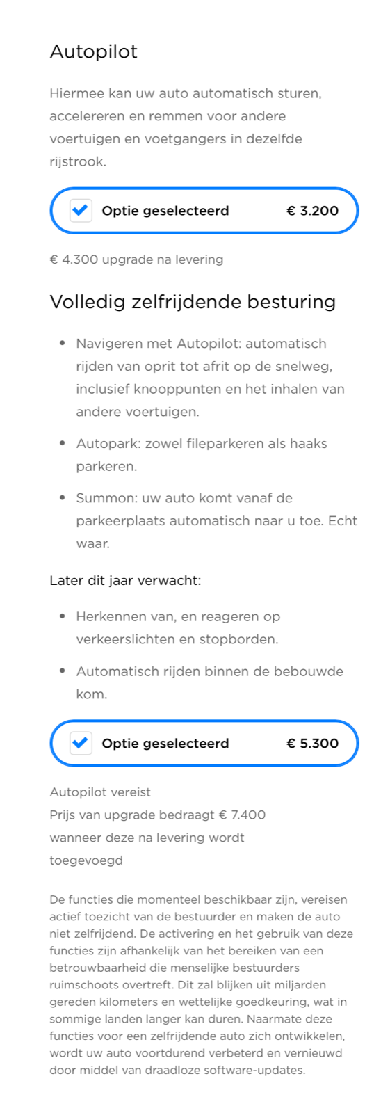 Tesla 2019 Dutch configurator showing the Full Self-Driving option, price and upcoming features