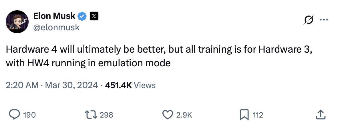 Screenshot of Elon Musk's X post from 30 March 2024 about HW3 training