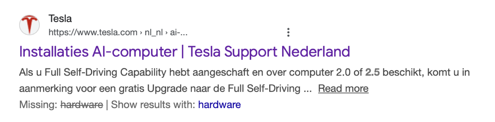 Google search result showing Tesla's Dutch support page about the free Full Self-Driving Computer upgrade for HW2.0 and HW2.5
