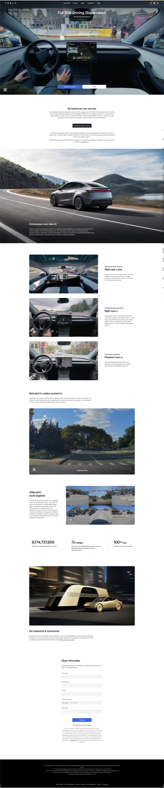 Tesla's Dutch-language FSD product page on 11 April 2026 claiming every Tesla receives the latest updates and is 7x safer